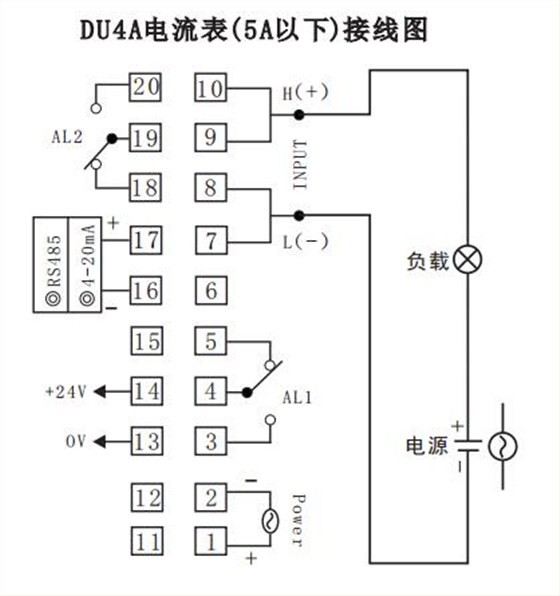 DU4A数显电流表直接接线示例图